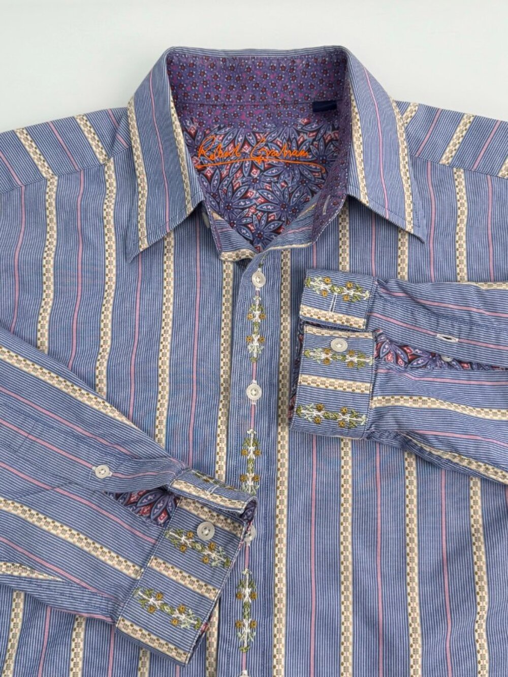Robert Graham Blue Shirt Men's L Floral Embroidery Button Front
